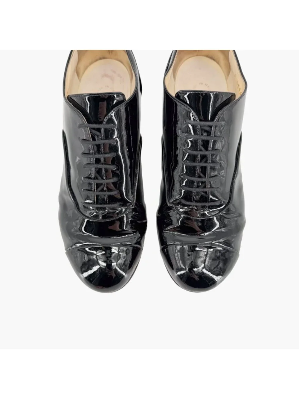 Chanel CC Camellia Flower Patent Oxford Heels Black Leather Size 37 US 6-6.5